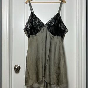 Cacique Black Floral Lace‎ Bodice Taupe Satin Chemise Slip Coquette Goth Style